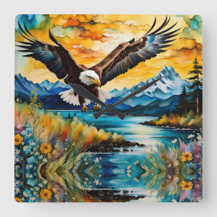 Bald-Adler-Jagd auf Wildblumen Quadratische Wanduhr