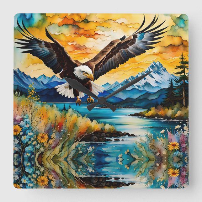 Bald-Adler-Jagd auf Wildblumen Quadratische Wanduhr (Vorderseite)