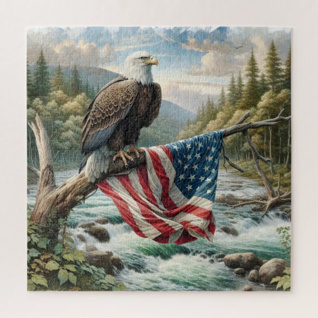 Bald-Adler mit amerikanischer Flagge auf Baumzweig (Vertikal)