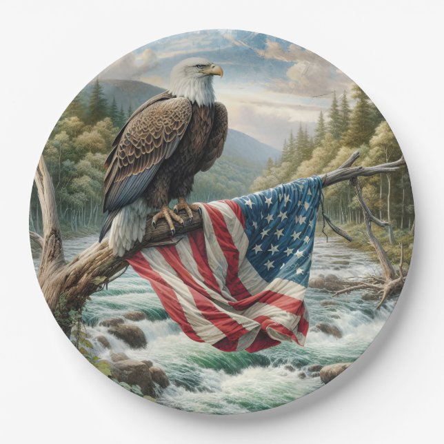 Bald-Adler mit amerikanischer Flagge auf Baumzweig Pappteller (Vorderseite)