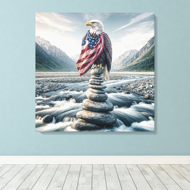 Bald-Adler mit amerikanischer Flagge auf Cairn Leinwanddruck (Insitu (Holzboden))