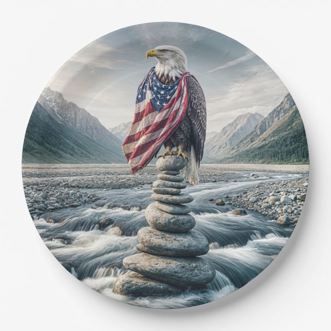 Bald Adler mit amerikanischer Flagge auf einem Cai Pappteller (Vorderseite)