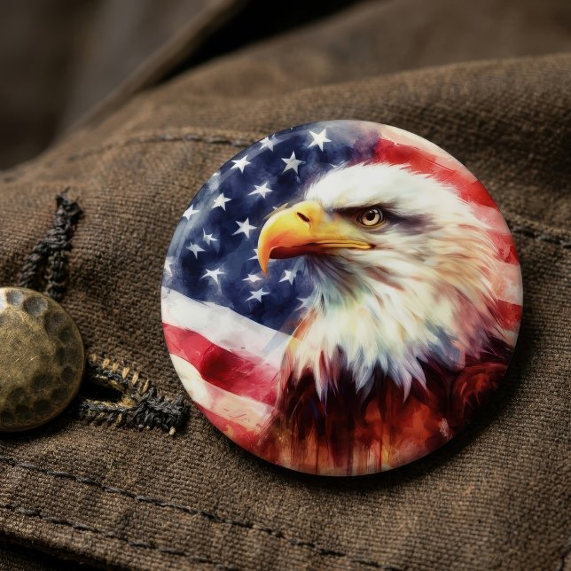 Bald-Adler mit USA-Flagge Button (Majestic Bald Eagle Portrait with American Flag. Button)