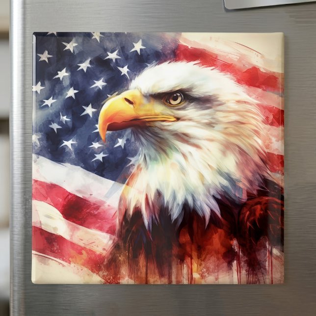 Bald-Adler mit USA-Flagge Magnet (Majestic Bald Eagle Portrait with American Flag. Magnet)