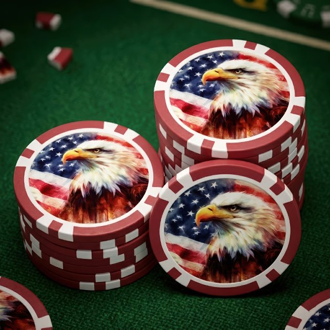 Bald-Adler mit USA-Flagge Pokerchips (Majestic Bald Eagle Portrait with American Flag. Poker Chips)