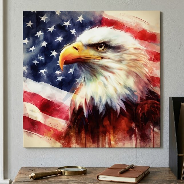 Bald-Adler mit USA-Flagge Poster (Majestic Bald Eagle Portrait with American Flag. Poster)