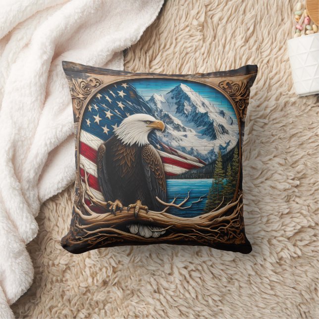 Bald Adler von Bergen und amerikanischer Flagge Kissen (Decke)