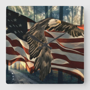 Bald Eagle American Flag Country Road Quadratische Wanduhr
