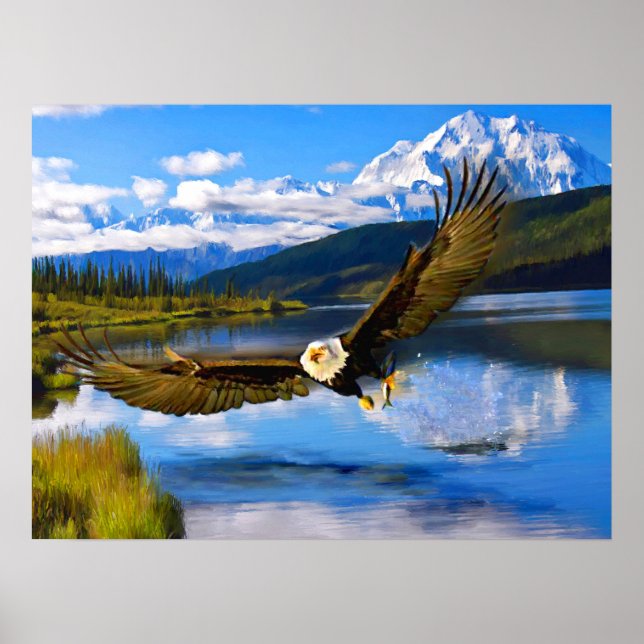 Bald Eagle Fishing Denali 24" x 18" Archivpapier Poster (Vorne)