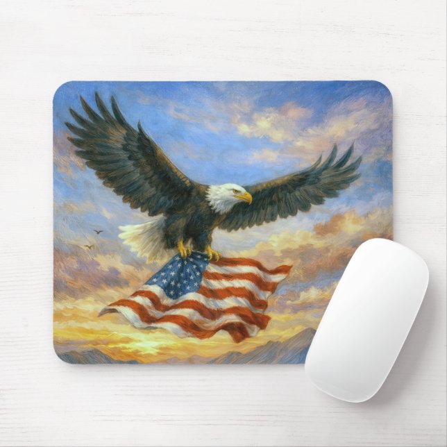 Bald Eagle Flying With American Flag Mousepad (Mit Mouse)