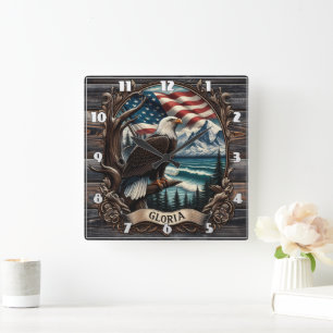 Bald Eagle gegen Landschaftliche Sicht Quadratische Wanduhr