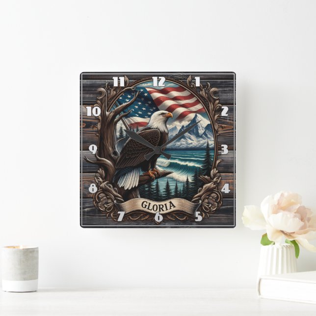 Bald Eagle gegen Landschaftliche Sicht Quadratische Wanduhr (Zuhause)