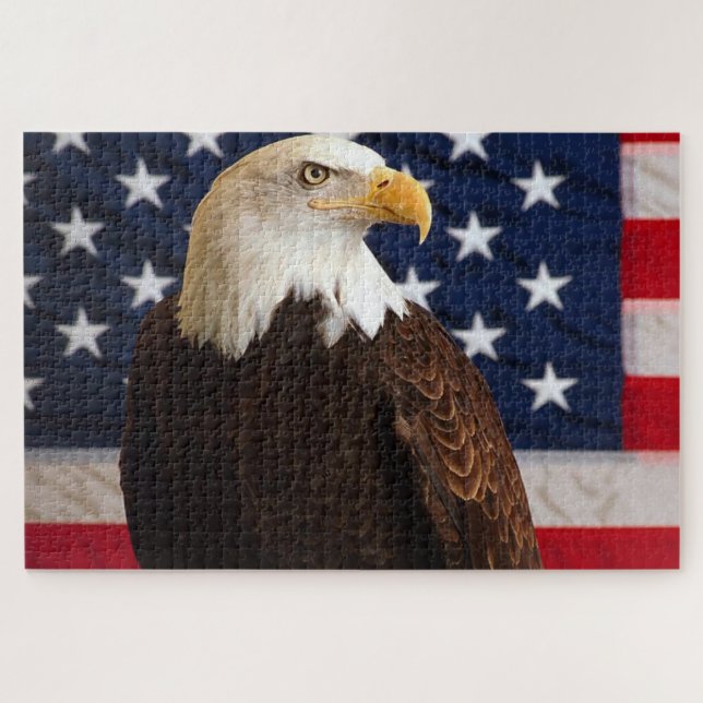 Bald Eagle looking with a American flag behind him (Horizontal)