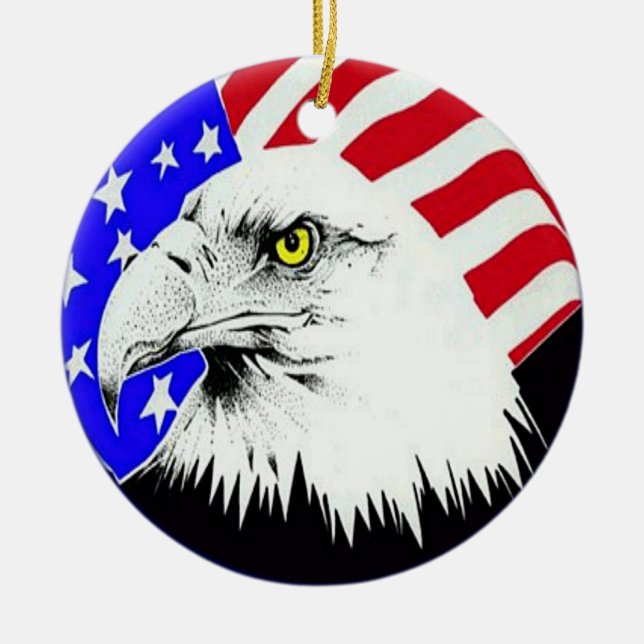 Bald Eagle und amerikanischer Flaggenverzierung Keramik Ornament (Vorne)