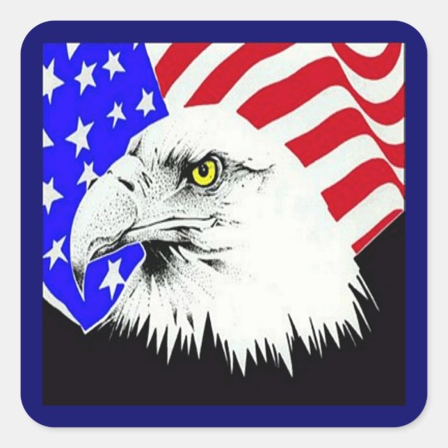 Bald Eagle und die amerikanische Flagge Quadratischer Aufkleber (Vorderseite)