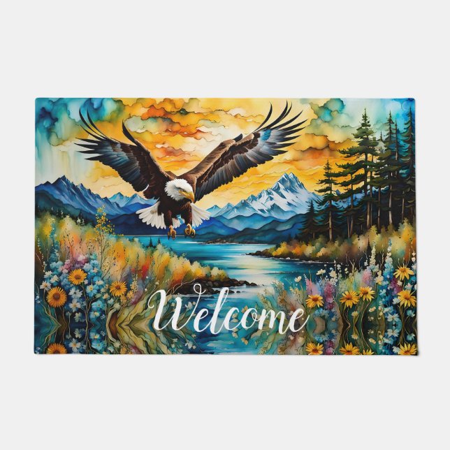 Bald Eagle Wildblumen bei Sonnenuntergang BEGRÜSSE Fußmatte (Vorderseite)
