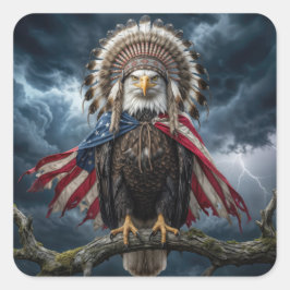 Bald Eagle With American Flag Cape and Headdress Quadratischer Aufkleber