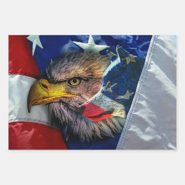Bald Eagle Wolf American Flag Geschenkpapier Set (Vorderseite)