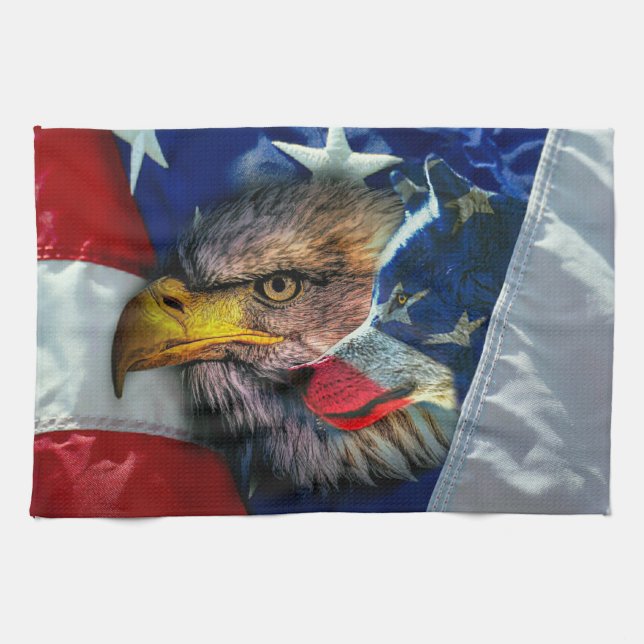 Bald Eagle Wolf American Flag Geschirrtuch (Horizontal)