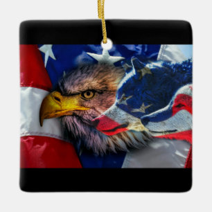 Bald Eagle Wolf American Flag Keramikornament