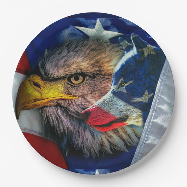 Bald Eagle Wolf American Flag Pappteller (Vorderseite)