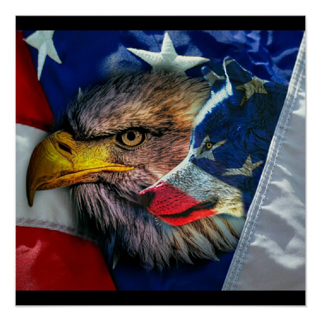 Bald Eagle Wolf American Flag Poster (Vorderseite)