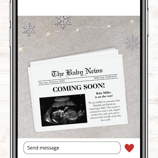Bald kommt die Zeitung Foto Winterschwangerschaft Ankündigung (coming soon winter newspaper style photo pregnancy announcement card ultrasound sonogram)