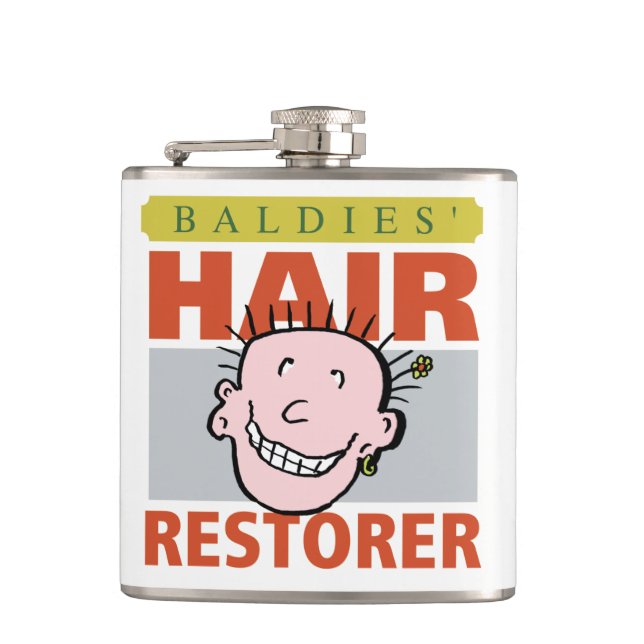 Bald Man Geschenk. Baldies Hair Restorer Flachmann (Vorderseite)