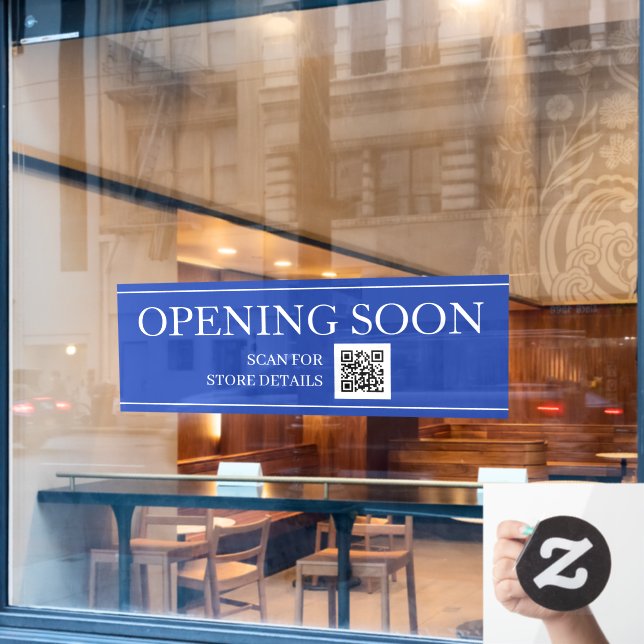 BALD SCHREIBEN, QR-Code, Meldung, DP Blau/Weiß ÖFF Fensteraufkleber (Café-Fenster)