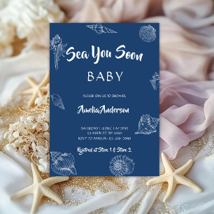 Bald sehen wir uns Navy Seashell Maritime Babypart Einladung