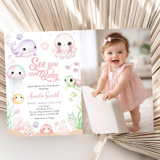 Bald sehen wir uns Ozean-Tier-Foto-Baby-Party Einladung