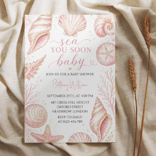 Bald sehen wir uns, rosa Muscheln Baby Shower Einladung
