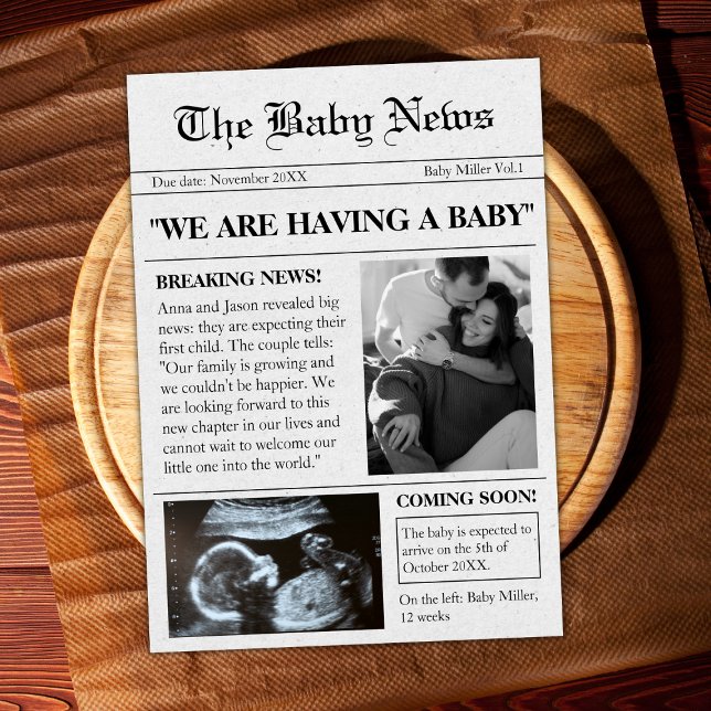Bald wird die Ankündigung der Schwangerschaft im F (newspaper style pregnancy announcement coming soon ultrasound photo sonogram unique )