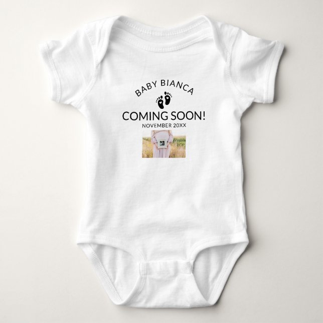 Bald wird die Ankündigung eines Fotos für Schwange Baby Strampler (Vorderseite)