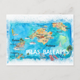 Balearen Illustrierte Reisekarte Postkarte