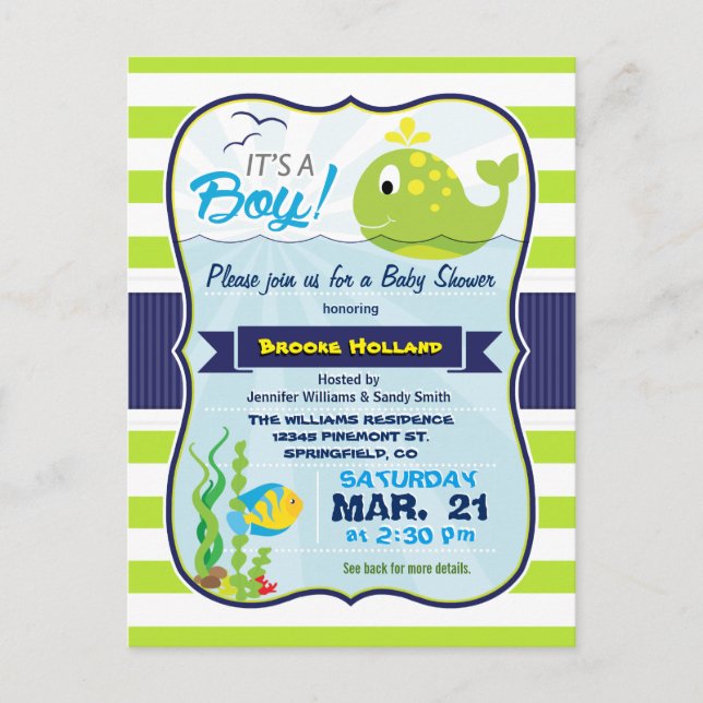 Baleine Bébée verte, Baby shower garçon Invitation (Devant)