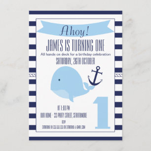 Baleine marine 1er anniversaire Invitation pour un