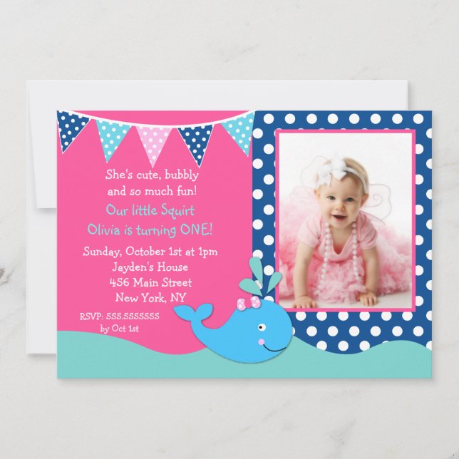 Baleine Photo Anniversaire Invitations Filles (Devant)