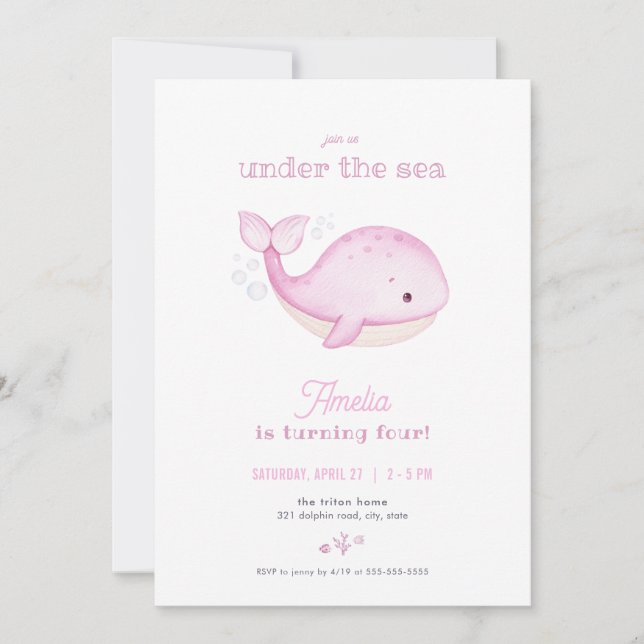 Baleine rose fille sous la mer Invitation Annivers (Devant)
