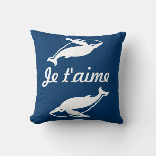 Baleines blanches Je t'aime sur coussin bleu