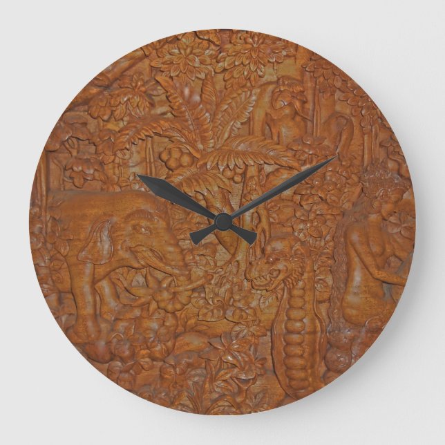 Bali Holzschnitzeluhr Große Wanduhr (Vorderseite)