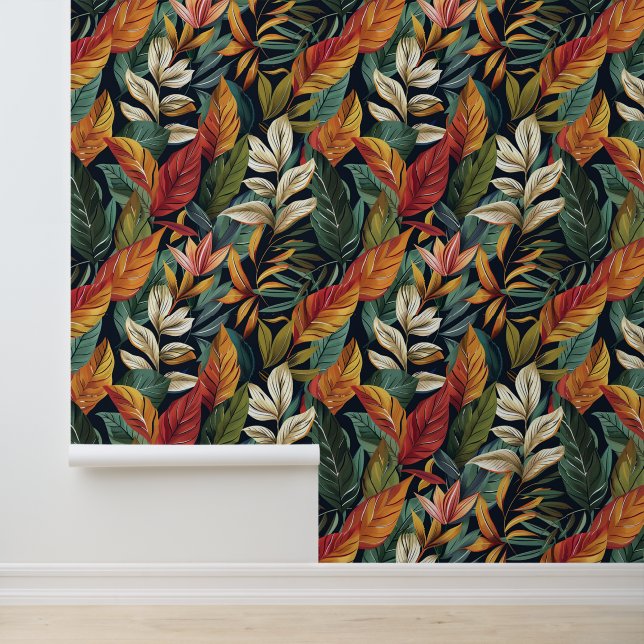Bali Stil exotische Blätter Luxus dunkle Farbe Tapete (Anwendung)