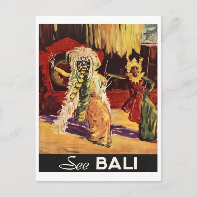 Bali, traditionelle Maske, Tanz, Vintage Reise Postkarte (Vorderseite)