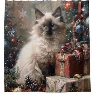 Balinese Kitten Christmas Cat Portrait Art Duschvorhang