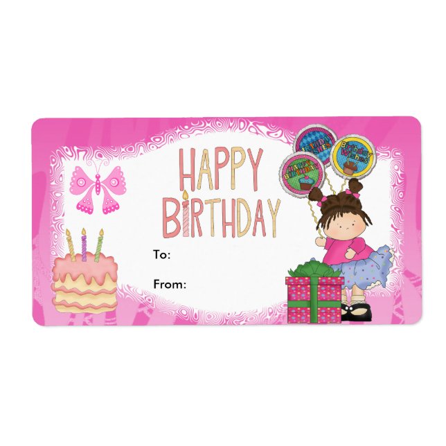 Balise cadeau enfant étiquette Anniversaire rose (Devant)