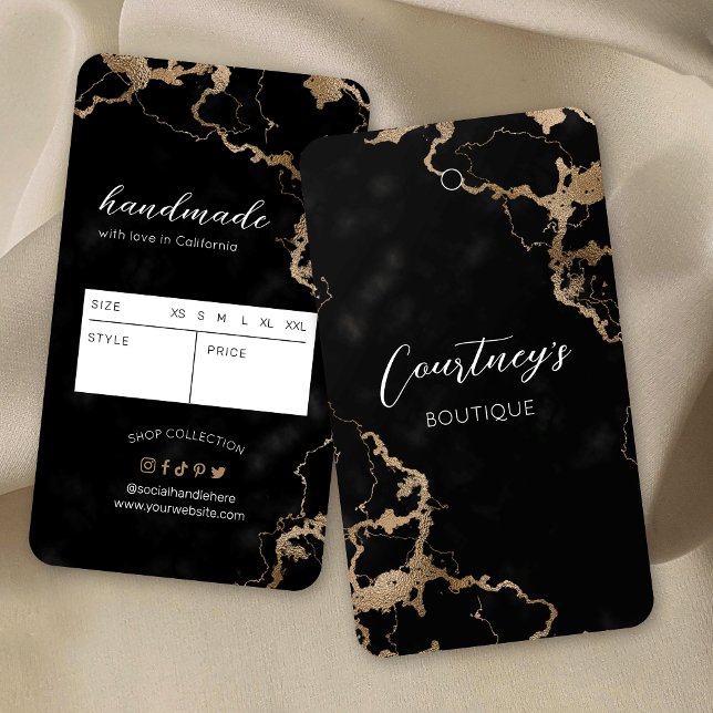 Balise de couture en marbre noir et or Étiquette d (Elegant black marble and faux gold product hang tags with price and size table on the back)