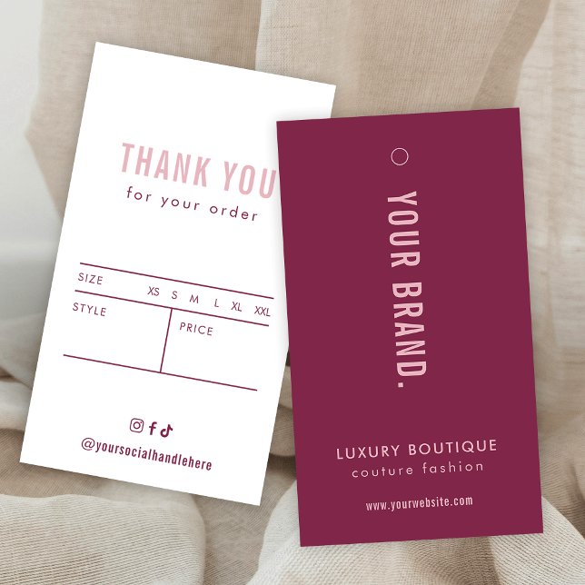 Balise de Étiquette Neutre Mulberry & Pink (Neutral Mulberry & Pink Clothing Label Hang Tag with price & size table on the back)