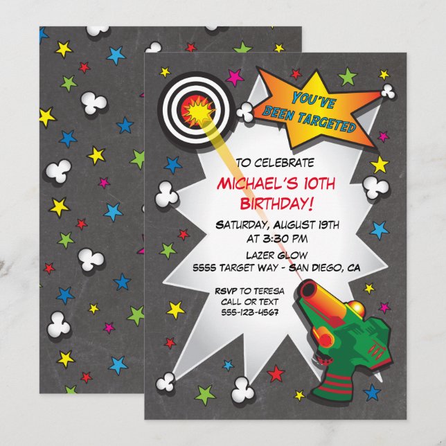 Balise Lazer Invitation de fête d'anniversaire (Devant / Derrière)