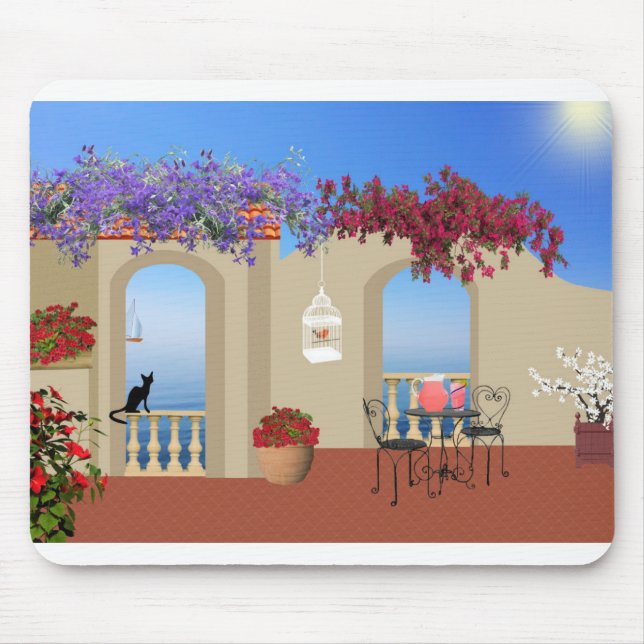 Balkon Außenbereich Blume Tisch Ruhe Meer. Mousepad (Vorne)