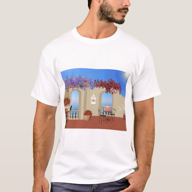 Balkon Außenbereich Blume Tisch Ruhe Meer. T-Shirt (Vorderseite)